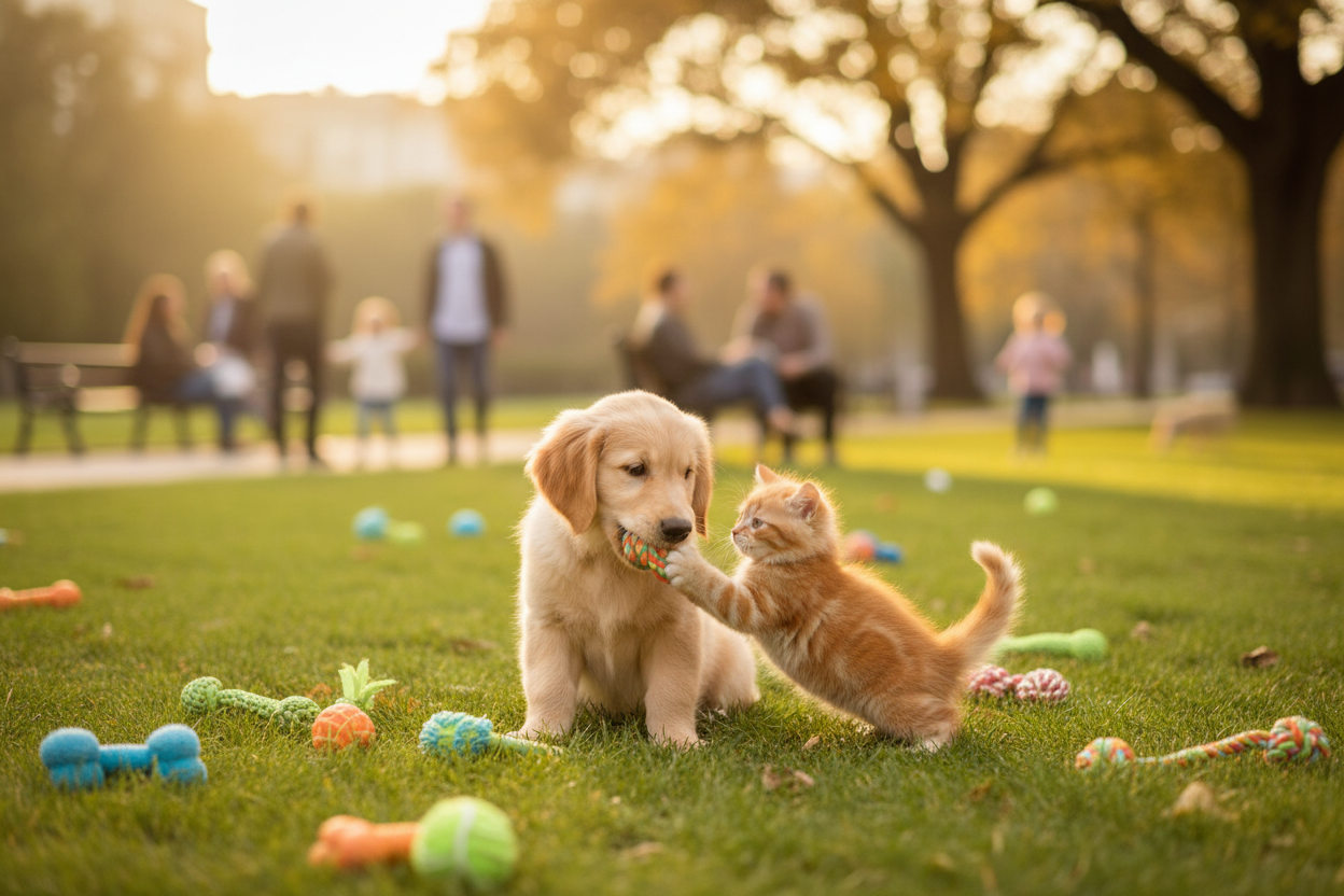 Dog and Cat Playing in Park